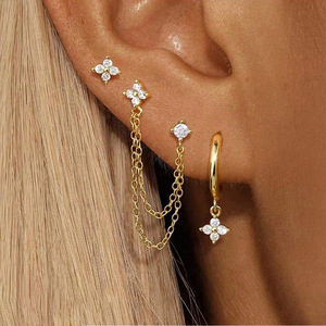 <span class=keywords><strong>Damila</strong></span> Zierliche 925 Sterling Silber 18k Vergoldete Kleeblatt Vierblättrige Zirkon Ohrstecker Creolen Hängeohrringe Sets für Damen - Product Image 1