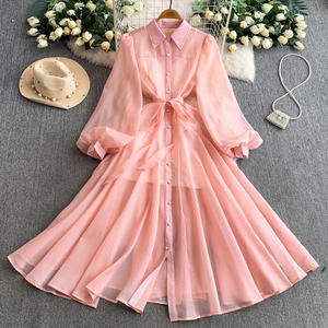 Abito Lungo da Donna Autunnale Stile Palazzo con Colletto, Monopetto, Cintura in Vita e Maniche a Lanterna - Product Image 1