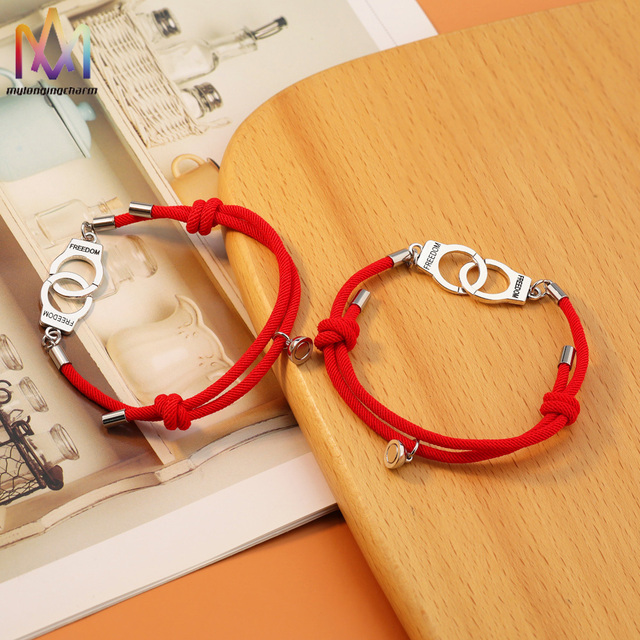 Adjustable Handcuffs Charm Friendship Magnet Bangle Handmade String Bracelet for Couples Long Distance