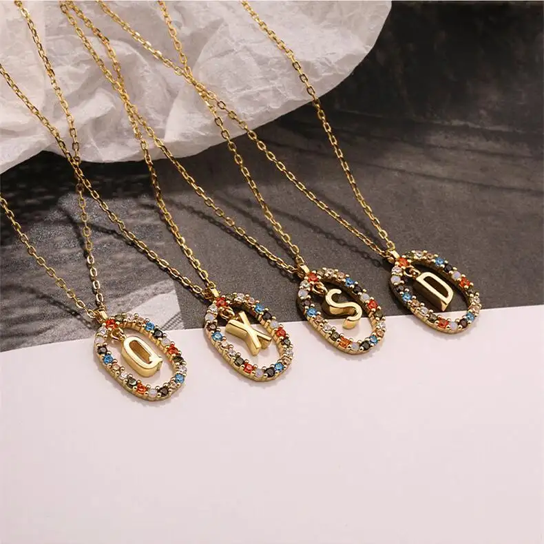 Women Jewellery 18k Gold Plated Colorful Cubic Zirconia Alphabet Initial Letter Pendent Necklace 925 Sterling Silver