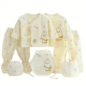 7pcs Newborn Outfits Gifts Cute Graphic Baby Boys Girls Cotton Comfy Clothes Set Footed Pants Cardigan Top Trousers Hat Bib Set