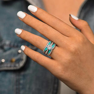 T0877 Women's White <b>Gold</b> Diamond <b>Ring</b> Round Brilliant Cut G Color Natural Diamond Engagement <b>Ring</b> With <b>Turquoise</b> Inlay - Product Image 3