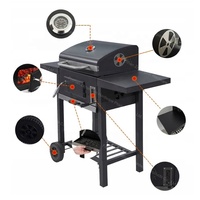 Barbecue à charbon de bois d'extérieur avec fumoir, thermomètre, tables latérales et roues pour jardin et terrasse