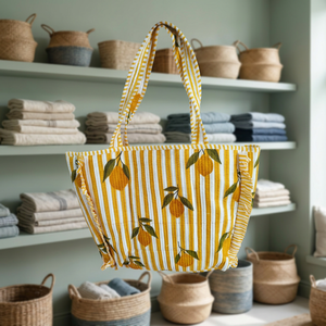 Große Gesteppte Baumwoll-Boho-Modetasche mit Blumenmuster, Zitronendruck, Reißverschluss, Zwei Trageriemen, Schulter-Reisetasche - Product Image 4