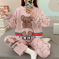 공장 직송 해외 수출 겨울용 여성 산호 극세사 잠옷: 편안하고 두툼한 귀여운 만화 패턴 홈웨어