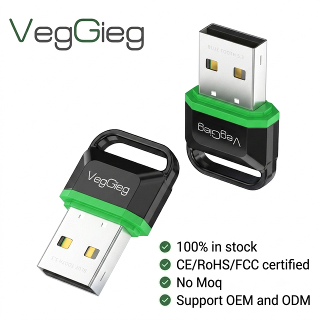 Wholesale VegGieg OEM Wireless USB 5.3 Adapter 30M Long Range Drive-Free Plug and Play Dongle for PC Laptop Headphone
