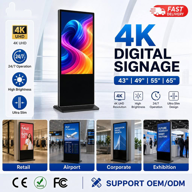 Hotel Lobby Information 2K 4K LCD 49-Inch Digital Signage Displays Animation Ultra Slim Floor Standing WiFi Hotspot Advertising