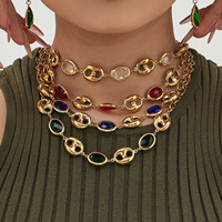 Collier et boucles d'oreilles élégants en acier inoxydable avec maillons en forme de nez de cochon et pierres ovales en verre, tendance, vente en gros, pour fiançailles et anniversaire