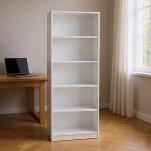 Bibliothèque blanche Benzoni à 4 étagères, meuble de rangement de bureau au design minimaliste en bois, type sur pied - Product Image 2