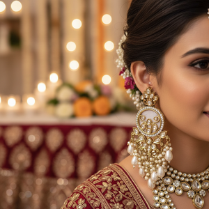 Elegantes pendientes colgantes largos de Kundan y cuentas con acabado dorado, ideales para ropa de novia, trajes étnicos y celebraciones especiales - Product Image 3