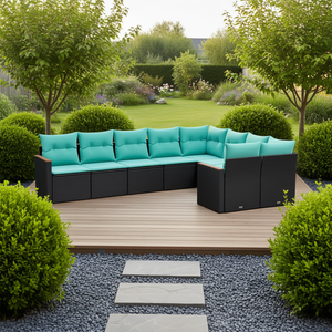 Set di Divani da Esterno Moderno in Polyrattan Nero, 9 Pezzi con Cuscini, Arredamento da Giardino dal Design Contemporaneo - Product Image 2