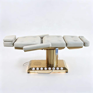 Lit de beauté électrique en cuir blanc avec base dorée, design moderne, confortable, pour soins du visage et spa, 3 moteurs, fonctionnalités réglables - Product Image 3