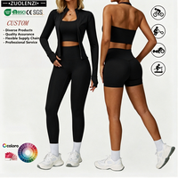 Ensemble de yoga et d'entraînement 4 pièces noir personnalisé pour femme : soutien-gorge de sport, leggings, shorts, tenue de sport pour gym, fitness et course à pied
