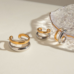 <b>Clip</b>-On Earrings Geometric Double Layer Gold Silver Color Blocked Party Fashion Jewelry - Product Image 2