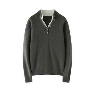 Pull en cachemire à col Henry pour femme, OEM/ODM, ample, décontracté, polyvalent, en laine tricotée de qualité supérieure, logo personnalisé - Product Image 1