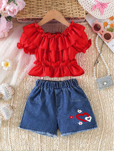 Conjunto de Ropa de Verano para Niñas 2026, Top con Volantes y Hombros Descubiertos, y Shorts de Mezclilla con Forma de Corazón, para Niñas de 2 a 8 Años - Product Image 3