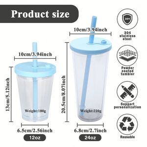 Vaso de Plástico de 12 oz/24 oz con Tapa y Pajita Reutilizable, Libre de BPA, a Prueba de Fugas, Transparente, para Bebidas Frías, con Impresión de Logotipo Personalizado, Aislamiento Térmico - Product Image 2