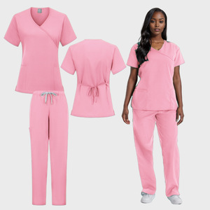 Women's Scrub Set Short Sleeve V Neck Tops Pants Hospital Uniforms For Nurses Surgeons Rose Red Purple Pink Cyan Watermelon Red - Product Image 4