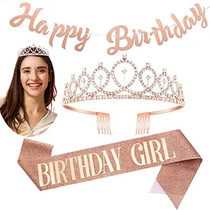 Birthday Queen Sash And Rhinestone Tiara Happy Birthday Banner Rose Gold Birthday Gifts Glitter Sash Party Favors