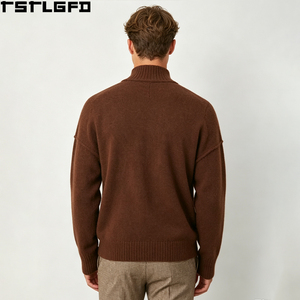 Custom <b>Wool</b> Blend Mock Neck Knit <b>Sweater</b> <b>Men</b> Chocolate Brown Funnel Collar Pullover Wholesale Bulk - Product Image 3