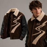 Veste universitaire personnalisée pour homme en velours côtelé marron avec col en sherpa et patchwork, en cuir végétalien, OEM ODM, vente en gros, vêtements d'extérieur, veste pour homme