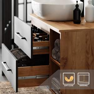 Ensemble de meubles de salle de bain Planetmbel LUX, <span class=keywords><strong>meuble</strong></span> <span class=keywords><strong>sous</strong></span>-<span class=keywords><strong>vasque</strong></span> mural de 100 cm, <span class=keywords><strong>vasque</strong></span> sur plan de travail de 60 cm, blanc, chêne doré/anthracite - Product Image 3