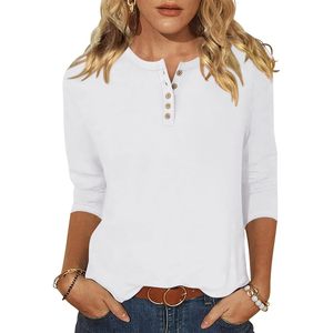 Camisa Henley de Manga 3/4 para Mujer, Blusa con Botones, Túnica Informal Básica, Popelina de Algodón Blanca, Uso Diario - Product Image 1