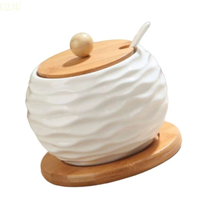 Botes de cilindro de cerámica de cocina con estilo hecho a mano U2JC con tapas de bambú tarro de almacenamiento de especias - Product Image 2