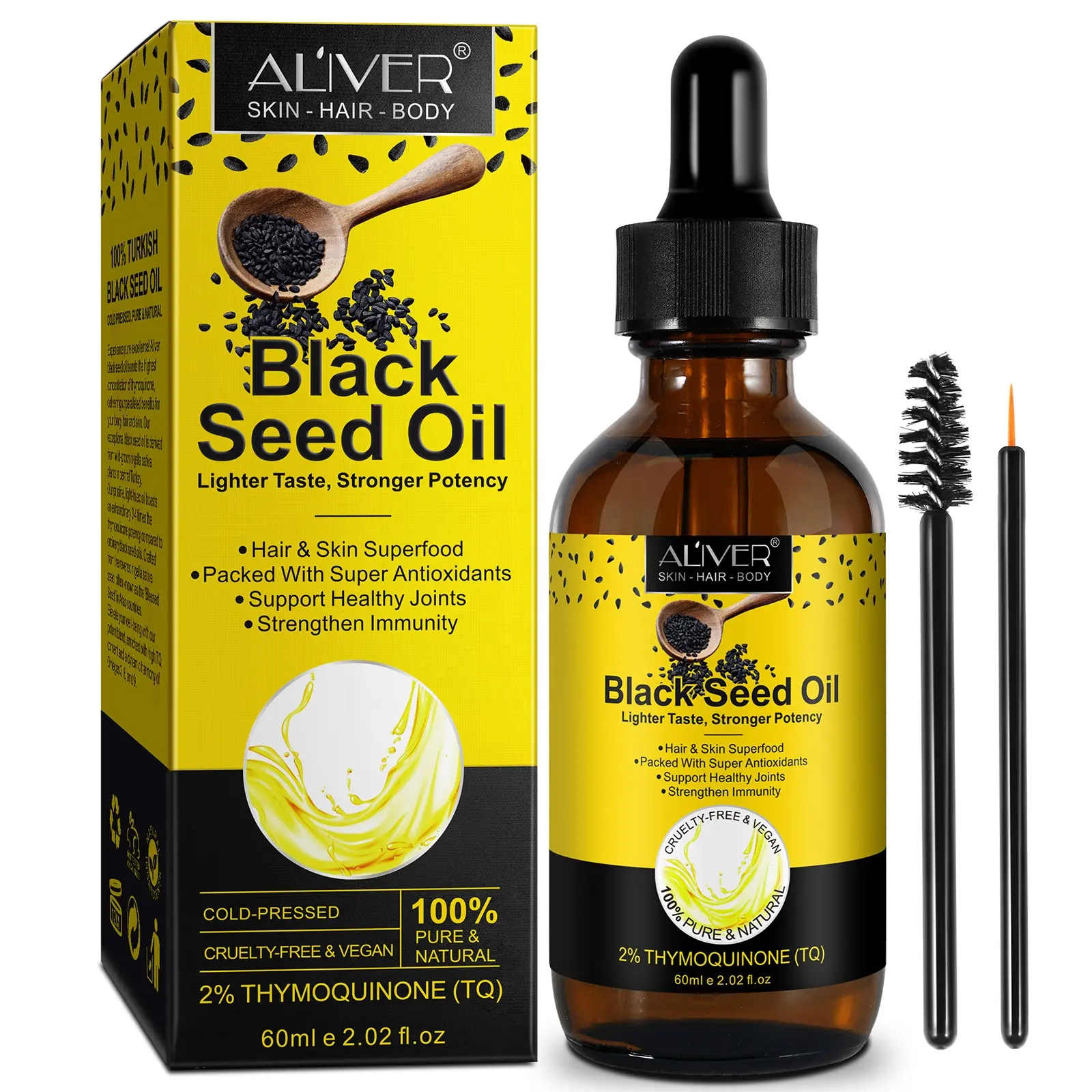 ALIVER label pribadi antioksidan 2% thymoquinone 60ml vegan Turki organik grosir minyak biji hitam murni tekanan dingin