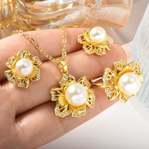 Fashion Wholesale Premium 18k Gold Plated <b>Pearl</b> Zircon Flower Ring <b>Earrings</b> <b>and</b> Pendant <b>Necklace</b> Jewelry Set - Product Image 4