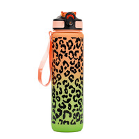 Bouteille d'eau en plastique transfrontalière 1L, motif léopard dégradé, avec paille, grande capacité, pour l'été et les activités sportives en extérieur