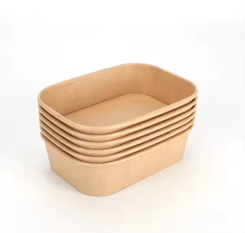16 24 30 36oz Recyclable Disposable Rectangular Brown Paper Bowls Lid Kraft Paper Square Salad Container Paper Plates Bowls
