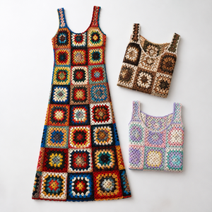 Robe longue personnalisée pour femme, au crochet, motif carré Granny Square, col licou, dos nu, patchwork multicolore, style bohème plage, OEM, vente en gros, commande en gros - Product Image 5