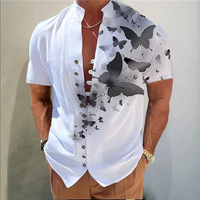 Kemeja Pria Kerah Mandarin Lengan Pendek Bermotif Bunga Kupu-kupu, Slim Fit, Kancing Depan, untuk Musim Panas, Pantai, Pesta, dan Liburan