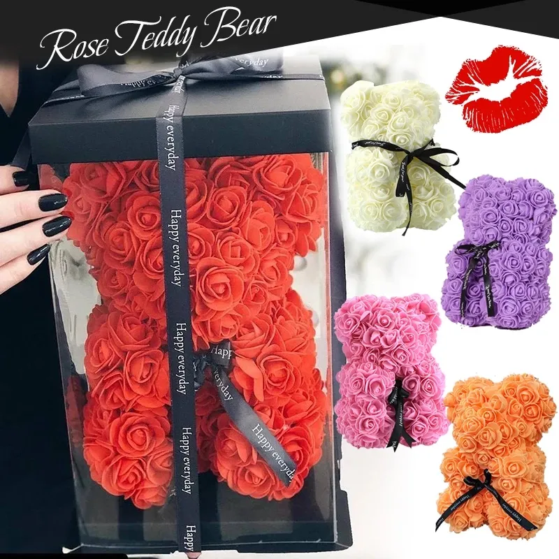 USA Warehouse Delivery Künstliche PE Blume DIY 25 cm Teddy Rose Bär Mit Box Geschenk