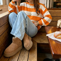 Pull en tricot ample à col rond et larges rayures pour femme, haut décontracté, personnalisable