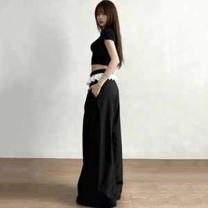 Pantalones Casuales de Encaje Dulce, Transpirables, Antiestáticos, de Spandex/Poliéster, Cómodos, de Pierna Ancha, Corte Regular, Cintura Baja, Frente Plano - Product Image 5