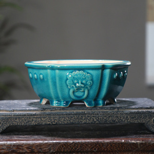 Ceramic Bonsai <b>Pot</b> Hexagonal Lion <b>Face</b> Chinese Style Small Planters For Indoor Outdoor Use - Product Image 2