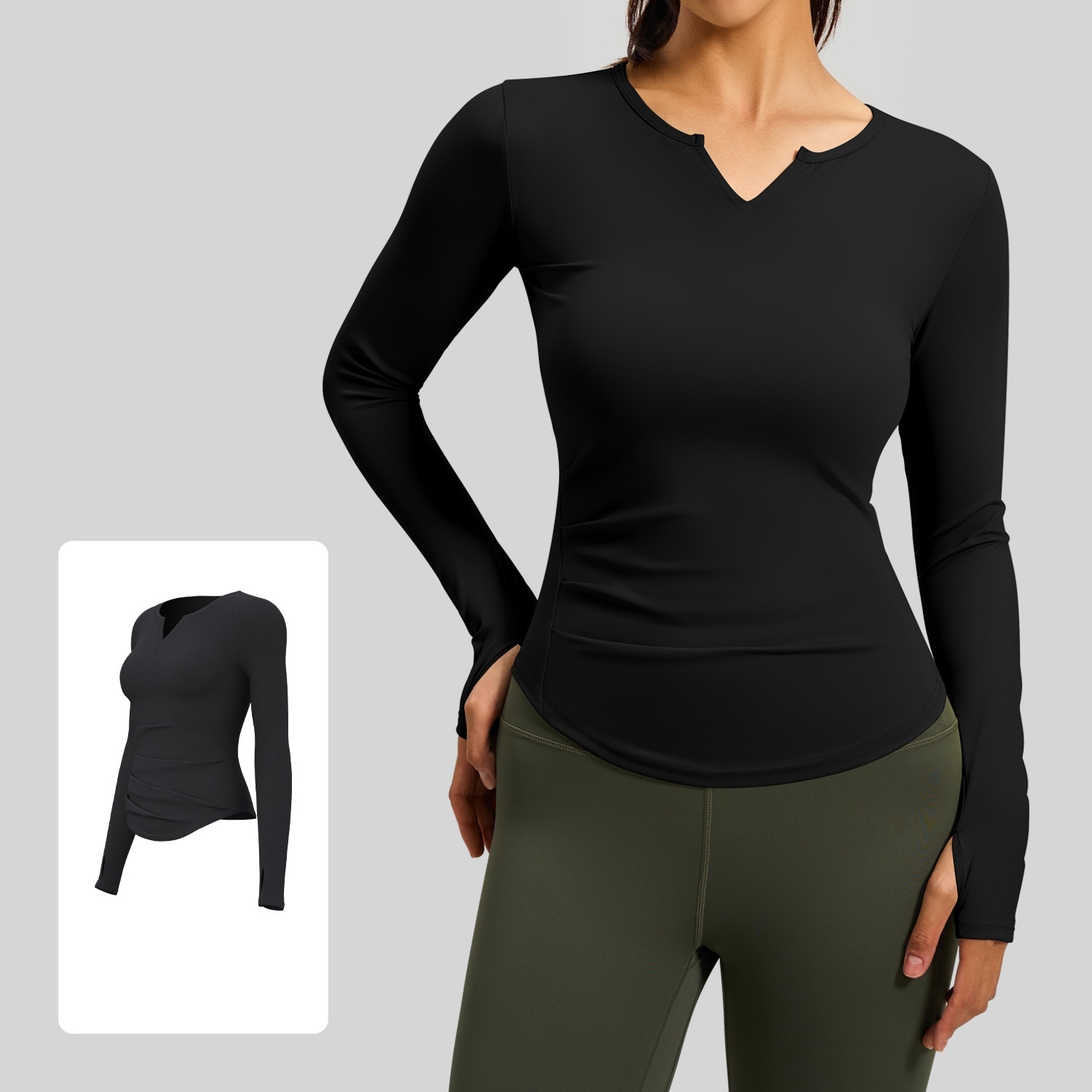 Ruched Waist Tummy Control Yoga Long Sleeve Top Buttery Soft Moisture-Wicking Gym Activewear