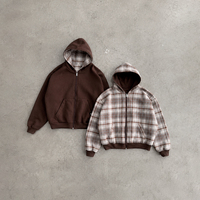 Sweat à capuche unisexe personnalisé en molleton de coton épais, à carreaux, brodé, doublé, lavé, réversible et zippé