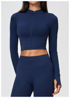 Tenue de fitness personnalisée pour femme : Haut court à manches longues zippé à col montant, Legging de yoga sans couture ajusté avec passe-pouce, Veste de sport