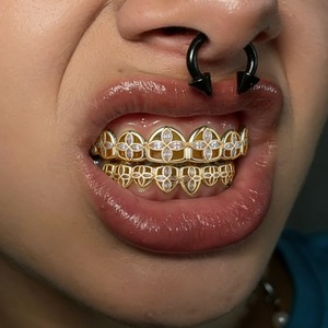 Nuovo Arrivo Grillz a 8 Denti a Forma di Foglia con Micro Pavé di Zirconi, Stile Raddrizzatore Dentale, Grande, Oro, Cool, Vampiro, Halloween - Product Image 3