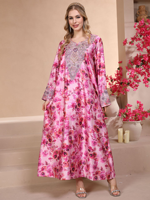 Abaya décontractée en satin à imprimé floral, broderie à la main, strass, manches longues, robe maxi modeste, Eid, Ramadan, mariage, adultes