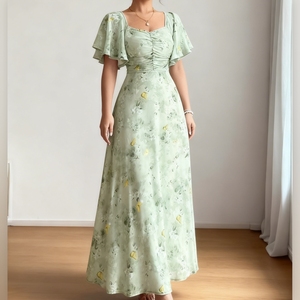 Robes élégantes pour femmes à manches lotus imprimées et ajustées, tendance - Product Image 5