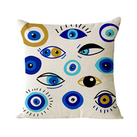Housse de coussin Evil Eyes en coton et lin bleu imprimé, coussin décoratif turc pour canapé