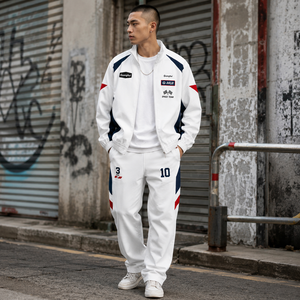 <span class=keywords><strong>Tuta</strong></span> Sportiva ODM da <span class=keywords><strong>Uomo</strong></span> <span class=keywords><strong>Beige</strong></span> e Blu Navy con Stampa Grafica e Zip, Collo Alto, Stile Streetwear - Product Image 3