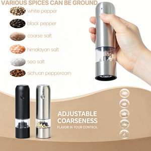 Set di Macinini Elettrici Minimalisti per Sale e <span class=keywords><strong>Pepe</strong></span>, Portatili, in Acciaio Inox di Grado Alimentare, con Elegante Supporto in Legno - Product Image 2