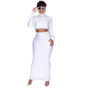 Ensemble 2 pièces sexy pour <span class=keywords><strong>femme</strong></span> : <span class=keywords><strong>robe</strong></span> longue unie à col montant et combinaison en maille ornée de cristaux, style décontracté pour club et été - Product Image 6