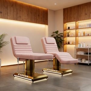 Lit d'extension électrique à trois moteurs avec base imitation bois et revêtement en velours, lit de massage, spa, soins du visage et extensions de cils, avec commande au pied et lampe LED - Product Image 4