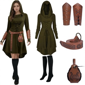 Set di 5 Pezzi Costume da Donna Rinascimentale con Cappuccio, Gonna Medievale, Protezioni per Braccia, Cintura Stampata e Borsa da Cintura - Product Image 1